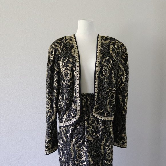 Diane Freis Gold and Black and Gold Lace Vintage Skirt Suit - Picture 6 of 9